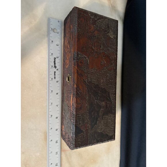 Antique Handcrafted Wooden Jewelry Box With Etching of Woman Satin Lining & Carv - Picture 7 of 9